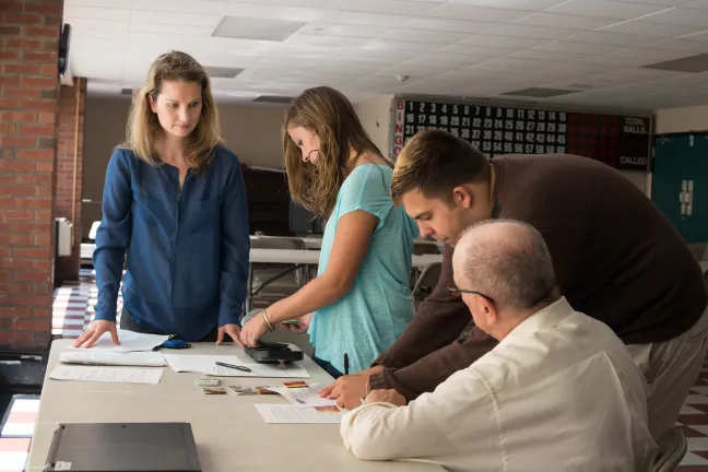 U N E researcher Jennifer Stiegler-Balfour and students test a subject