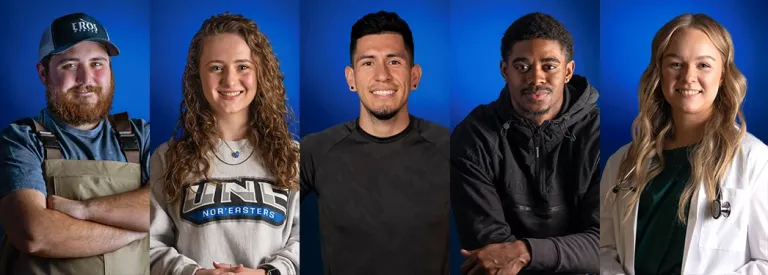 Headshots of five U N E students in front of a blue background