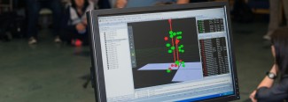 a computer screen shows a three D model used in motion analysis