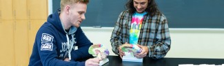 Two students handling models of the brain