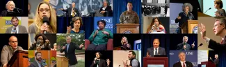 Collage of speakers and students at UNE forums and events