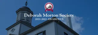 Graphic depicting 2022 Deborah Morton Society awards with Alumni Hall in background