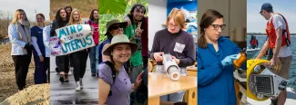 A composite image of students and faculty in various locations