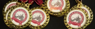 Several medals bearing the Deborah Morton Society seal are splayed out on a table