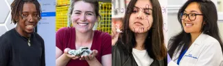 Collage featuring a dental hygiene student, a marine sciences student, a liberal arts student, and a business student