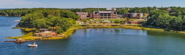An aerial image of the coastline on U N E's Biddeford campus