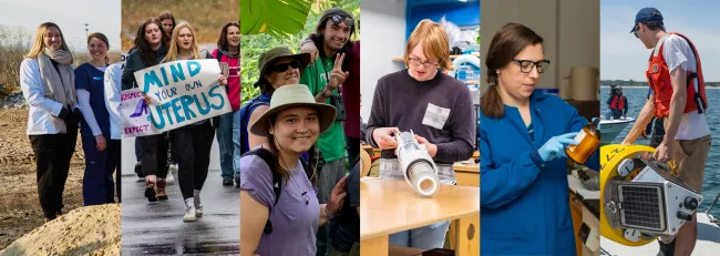 A composite image of students and faculty in various locations