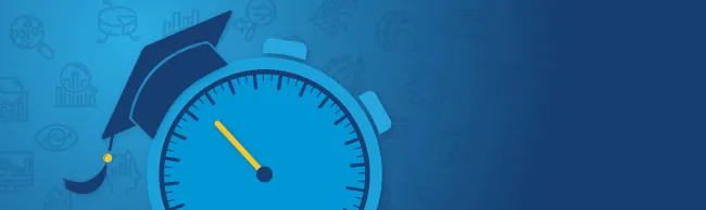 A graphic of a clock wearing a graduation cap surrounded by various icons of graphs and charts
