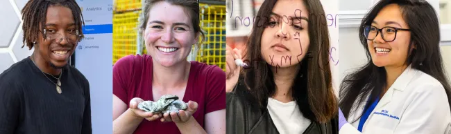 Collage featuring a dental hygiene student, a marine sciences student, a liberal arts student, and a business student