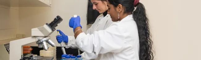 Two students work in white coats and rubber gloves in a lab setting 