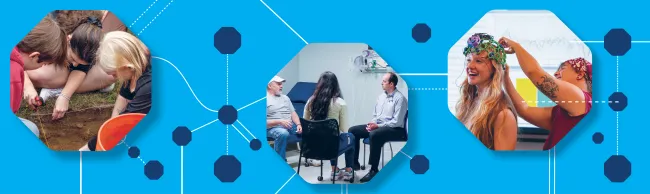 Three hexagonal photos on blue background with connecting network lines: students examining soil sample outdoors, group discussion in modern office space, and researcher fitting EEG cap on smiling participant.