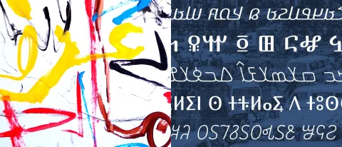 Artwork with various forms of languages depicted