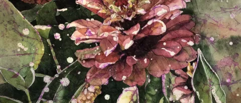 A painting of a pink flower