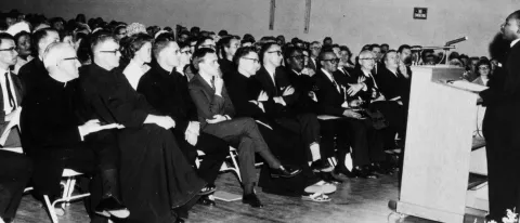 Martin Luther King Jr. speaking at St. Francis College in 1964