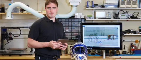 Patrick Schena ’21 (Business) poses in the UNE Makerspace