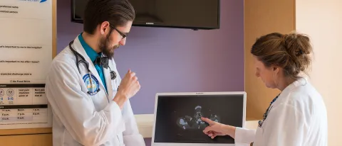 UNE medical students examine an ultrasound at Maine General Medical Center in Augusta
