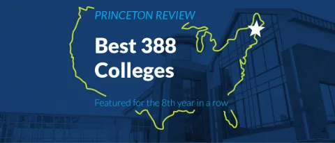 Graphic of Maine outline with blue overlay saying UNE is one of The Princeton Review's Best 388 Colleges for the 8th year in a row