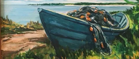 Painting of a small fishing boat on a beach