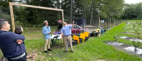 A group of students sends off a drone to monitor an orchard of American chestnut seedlings