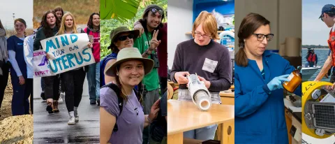 A composite image of students and faculty in various locations