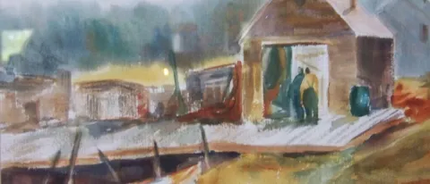 Painting of a fisherman's house with canoes in front