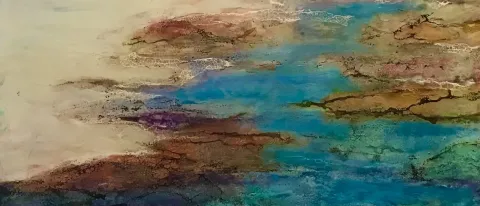 An encaustic painting depicting a river with multiple shades of blue, green, and purple