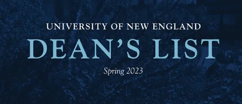 Photo of Ripich Commons with blue overlay and text saying University of New England Dean's List Spring 2023