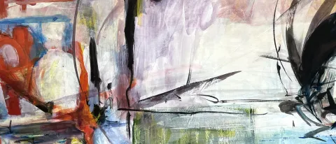 Abstract shapes and colors in Rebecca Cote's painting "She Slid Sideways"