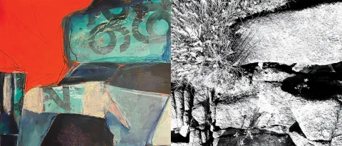 "Waiting on a Friend," a colorful mixed-media abstract piece by Kate Wollensak Freeborn