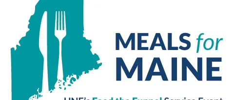 Graphic of Maine state outline with a fork and knife and the words "Meals for Maine"