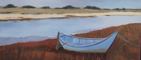 A painting of a small rowboat sitting on the shore by the water