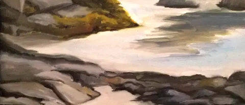 A painting of the ocean at low tide with rocks and the beach visible