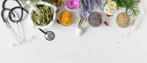 A photo shows several kinds of plants, both whole and ground in bowls, alongside a mortar and pestle and a stethoscope