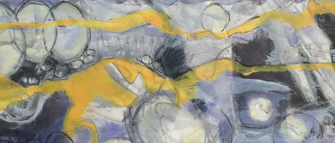 A black and gray abstract painting featuring circles, oblong shapes, and yellow streaks