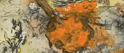 An abstract painting depicts waves and weather in various shapes 