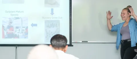 A UNE student presents a slideshow to a room of people