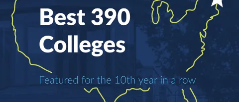 A graphic of the United States overlaid against a UNE image. The text reads "Princeton Review, Best 390 Colleges, Featured for the 10th Year in a Row." 