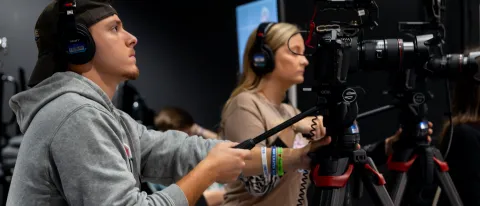 UNE students film an interview with an ABC News executive in the new Nor'easter Production Studio