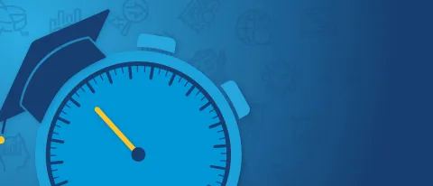 A graphic of a clock wearing a graduation cap surrounded by various icons of graphs and charts