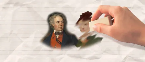 An illustration of Vice President Richard Mentor Johnson and his wife, the enslaved Julia Ann Chinn, who is depicted being erased by a viewer's hand