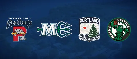 A graphic shows the logos of the Portland Sea Dogs, Maine Mariners, Portland Hearts of Pine, and Maine Celtics over an aerial of UNE