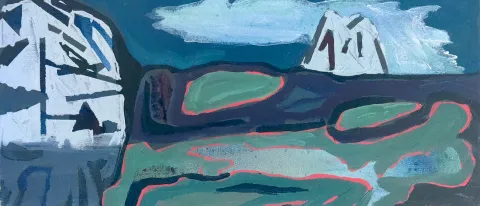 A painting of sailboats off the Maine coast