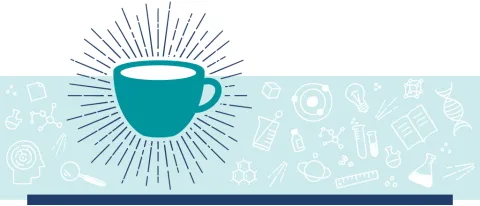 Graphic of a coffee cup surrounded by various icons depicting scientific research