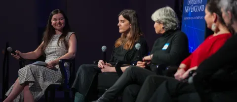 Shaw Innovation Fellow Emily Battye (A.B.S.N., ’26) leads a panel discussion in Girard Innovation Hall