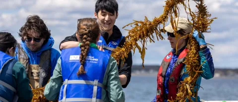 Students hoist help onto a UNE research vessel