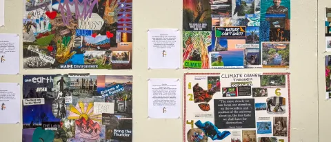 Collages hang on the walls of the UNE Campus Center