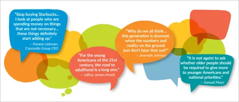 Graphic of thought bubbles with quotes from President's Forum speakers