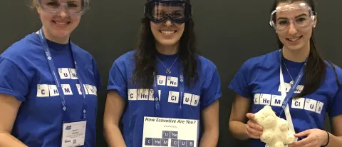 Molly Wright, Brea Rivard, and Jessica Woolf perform green chemistry activities at the Chem Demo Exchange. 