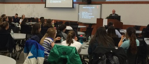 Don DelNegro athletic trainer to the Boston Bruins, speaks to students at UNE