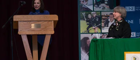 President Ripich addresses students and faculty at Catherine McAuley